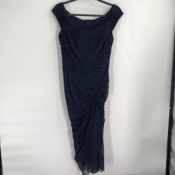TADASHI SHOJI Blue Asymmetrical Ruched Dress M Navy Wedding Guest Dressy Medium - Picture 2 of 8